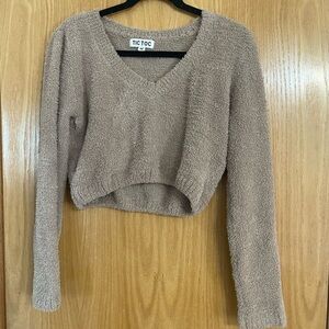 TIC TOC Women's Cozy Brown V-Neck Cropped Sweater